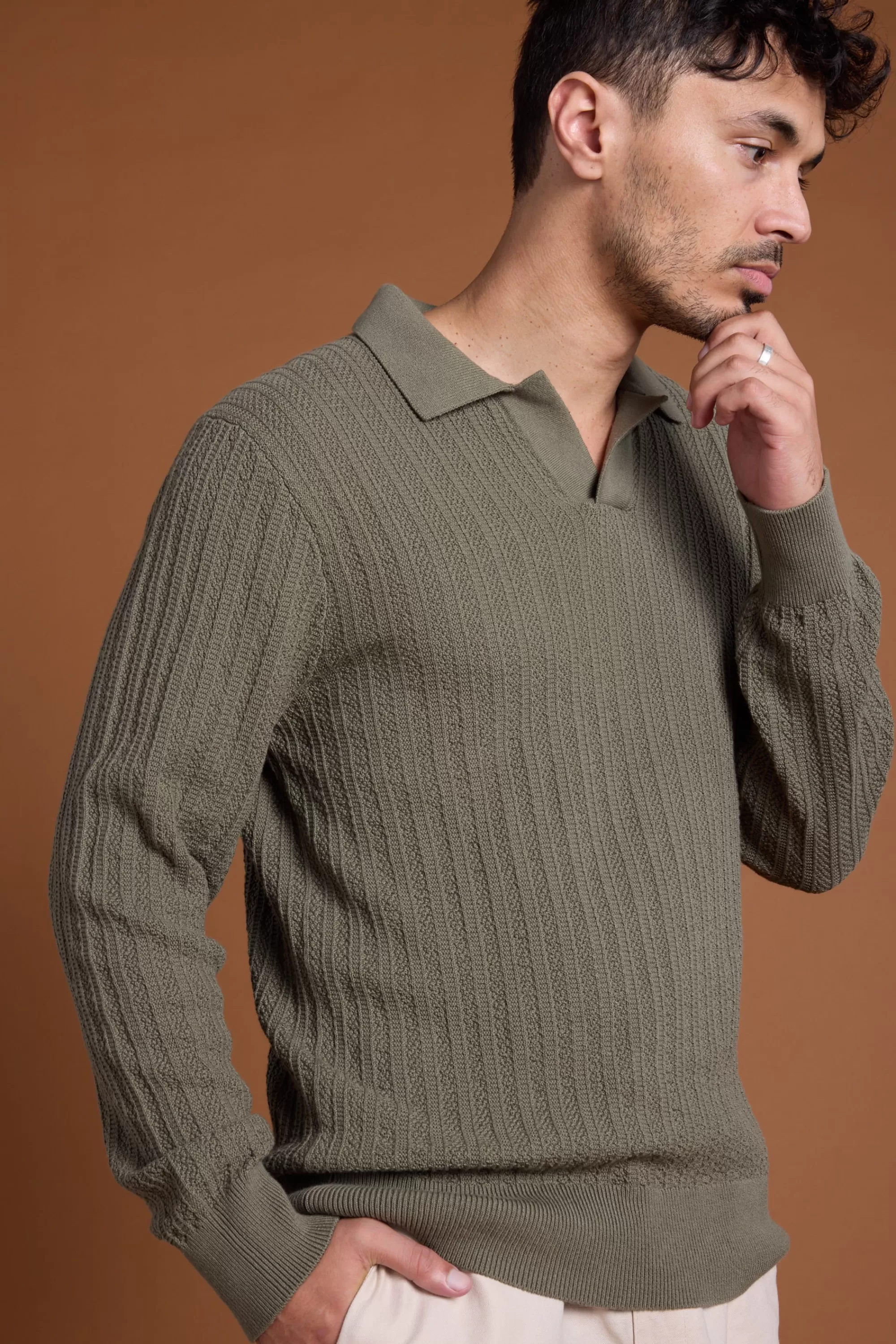 Barkers Cotton Knitwear^Cedar Cotton LS Polo KHAKI